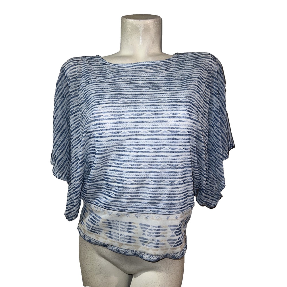 Chicos Blue White Geometric Stripe Dolman Sleeve Metallic Knit Top Size 0 S
